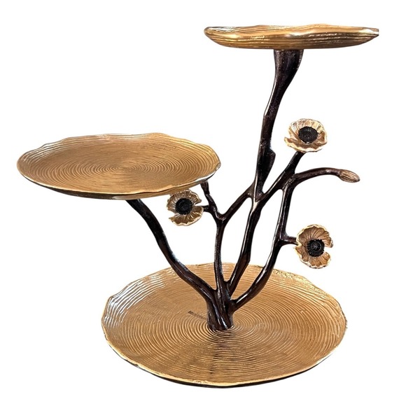Other - 3 Tier Gold Tone Aluminum Botanical Branch Poppy Flower Display Stand 14"